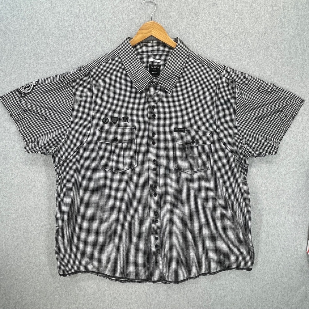 Vintage Y2K Parish Black White Gingham Design 4XL Short Sleeve Woven